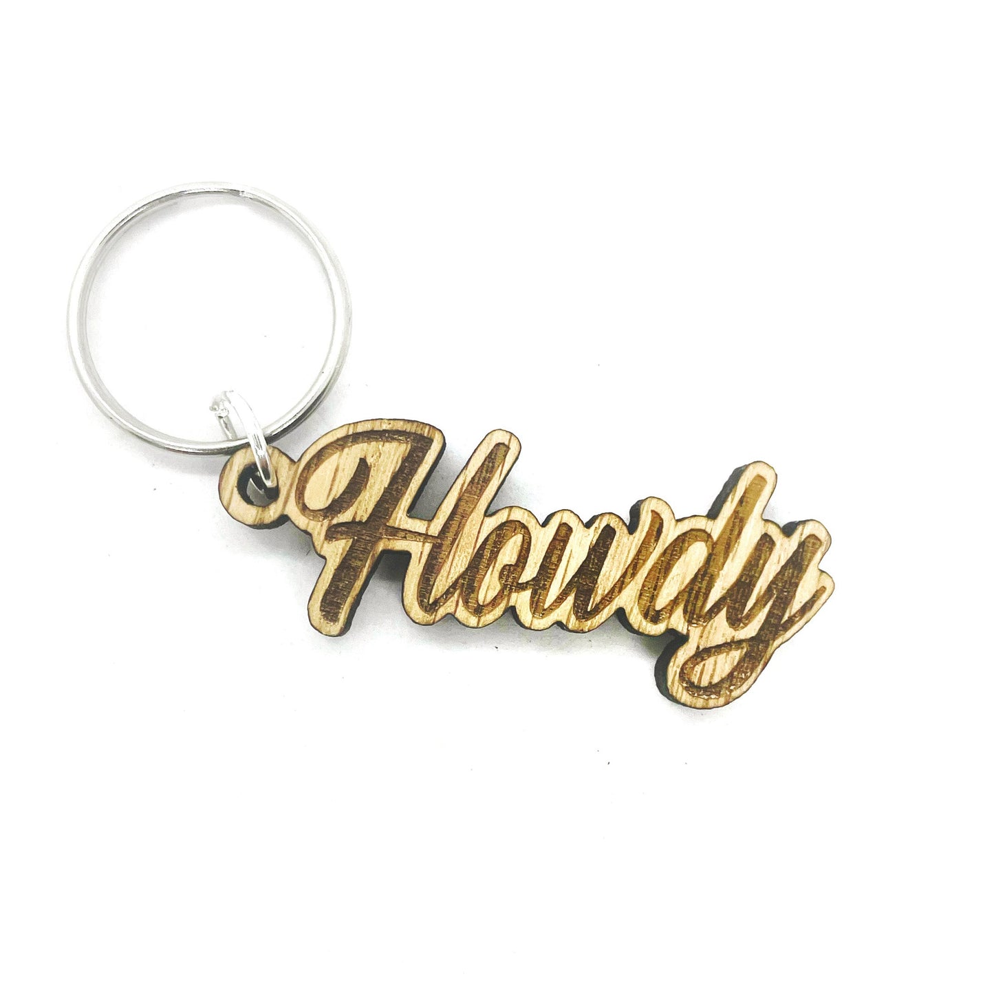 Wooden Howdy Script Keychain